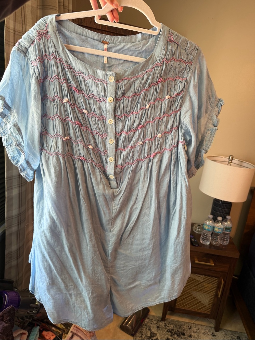 Free People Light Blue Embroidered Button-Front Romper, S